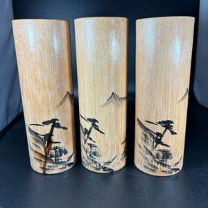 Vintage Triple (3) Bamboo Cups Wood Pencil Holder Hand Carved Crafted 7” Tall‎